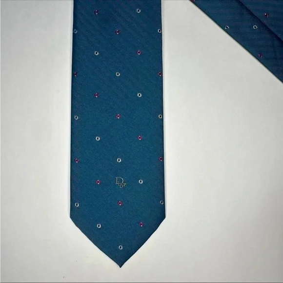 Vintage DIOR Embroidered Signature Polka Dotted Teal Classic Tie